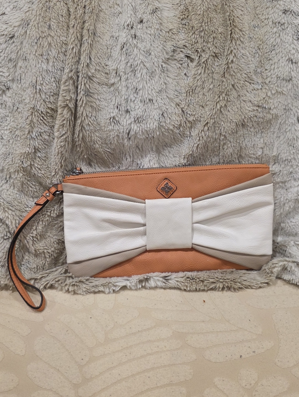 Wristlet Clutch with White Bow Detail - Orange & Cream
